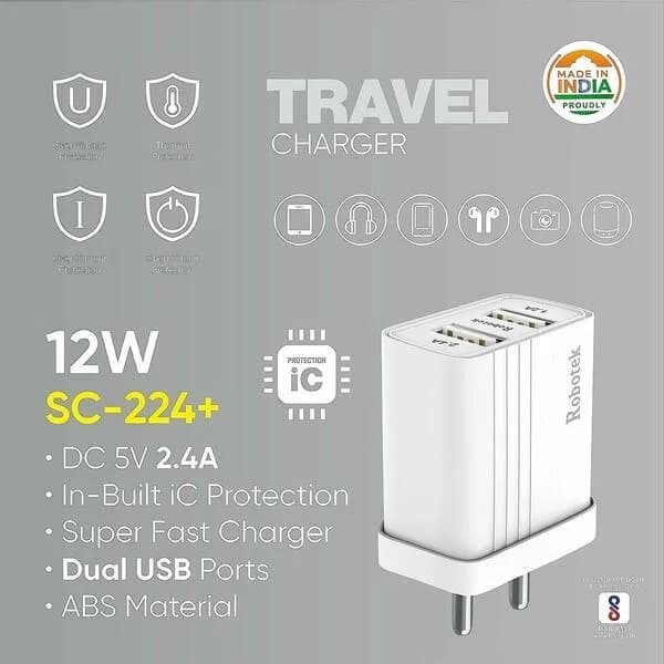 Robotek SC 224 Plus 12W 2.4A Dual Port Mobile Wall Charger Adapter (USB-C)