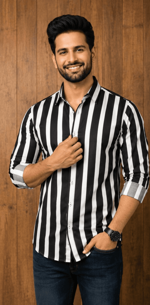 LUVION Mens Black White Striped Casual Shirt for Men  Premium Cotton Blend Full Sleeve Stylish Shirt  Trendy Regular Fit Formal image 2