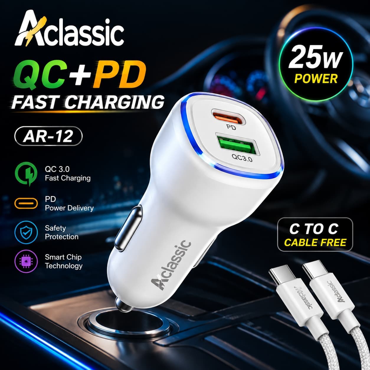 Aclassic AR-12 25W QC+PD Dual-Port Car Charger