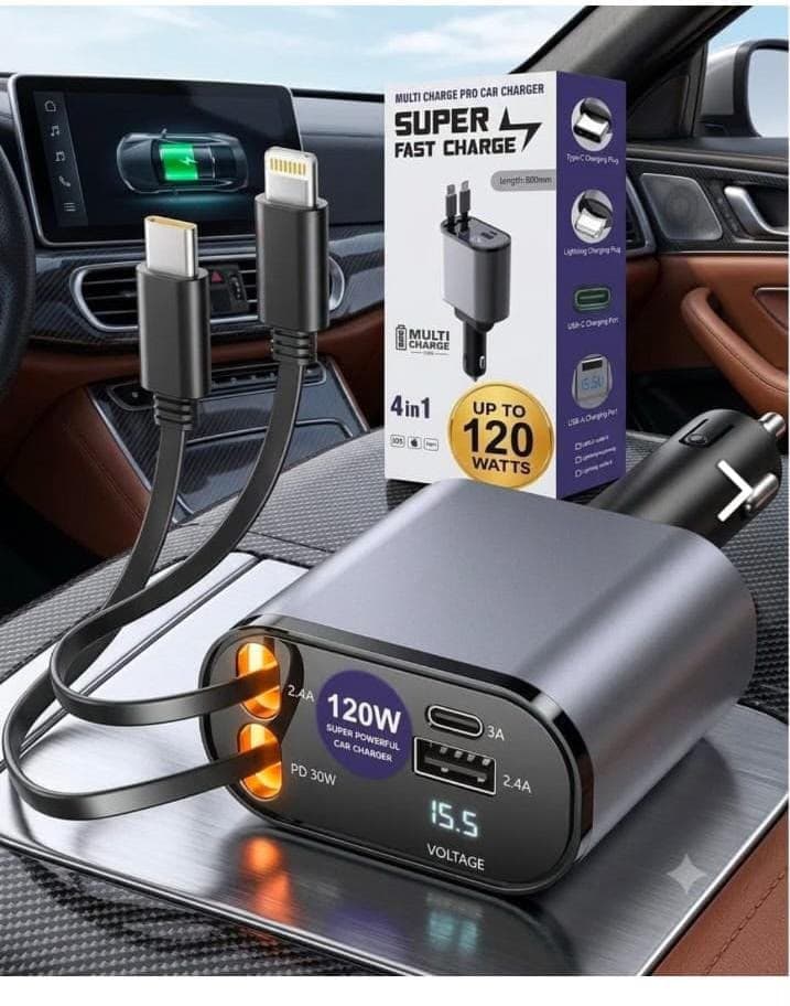 4-in-1 120W Retractable Fast Car Charger
