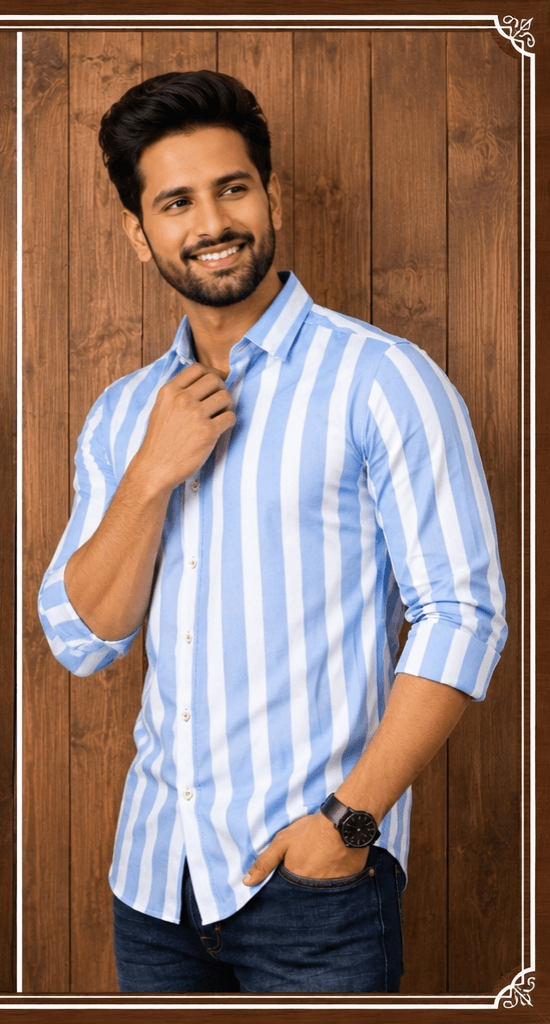 LUVION Mens sky blue White Striped Casual Shirt for Men  Premium Cotton Blend Full Sleeve Stylish Shirt  Trendy Regular Fit Formal image 4