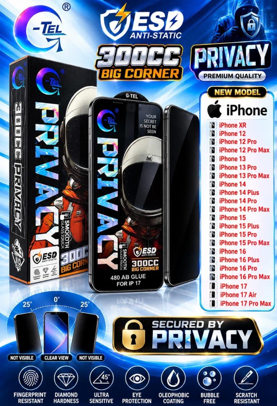 G-TEL 300CC Big Corner Privacy Tempered Glass