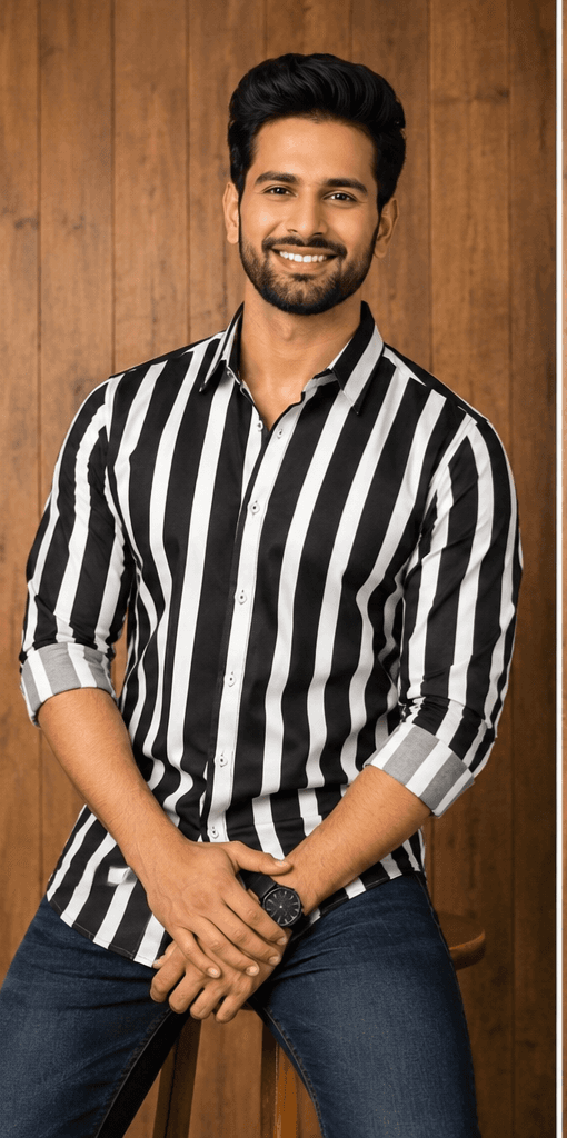 LUVION Mens Black White Striped Casual Shirt for Men  Premium Cotton Blend Full Sleeve Stylish Shirt  Trendy Regular Fit Formal image 3