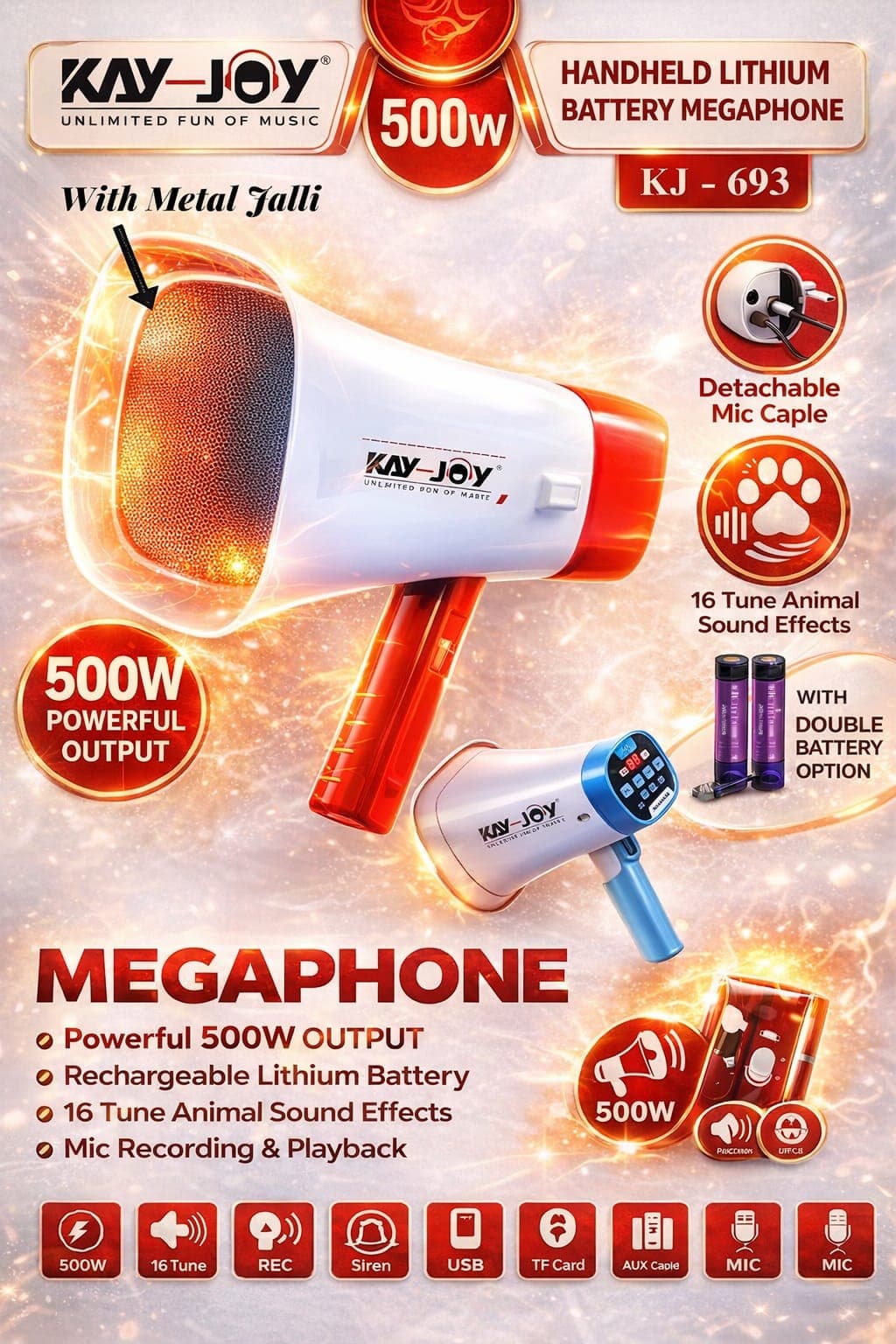 KAY-JOY KJ-693 500W Rechargeable Lithium Battery Megaphone