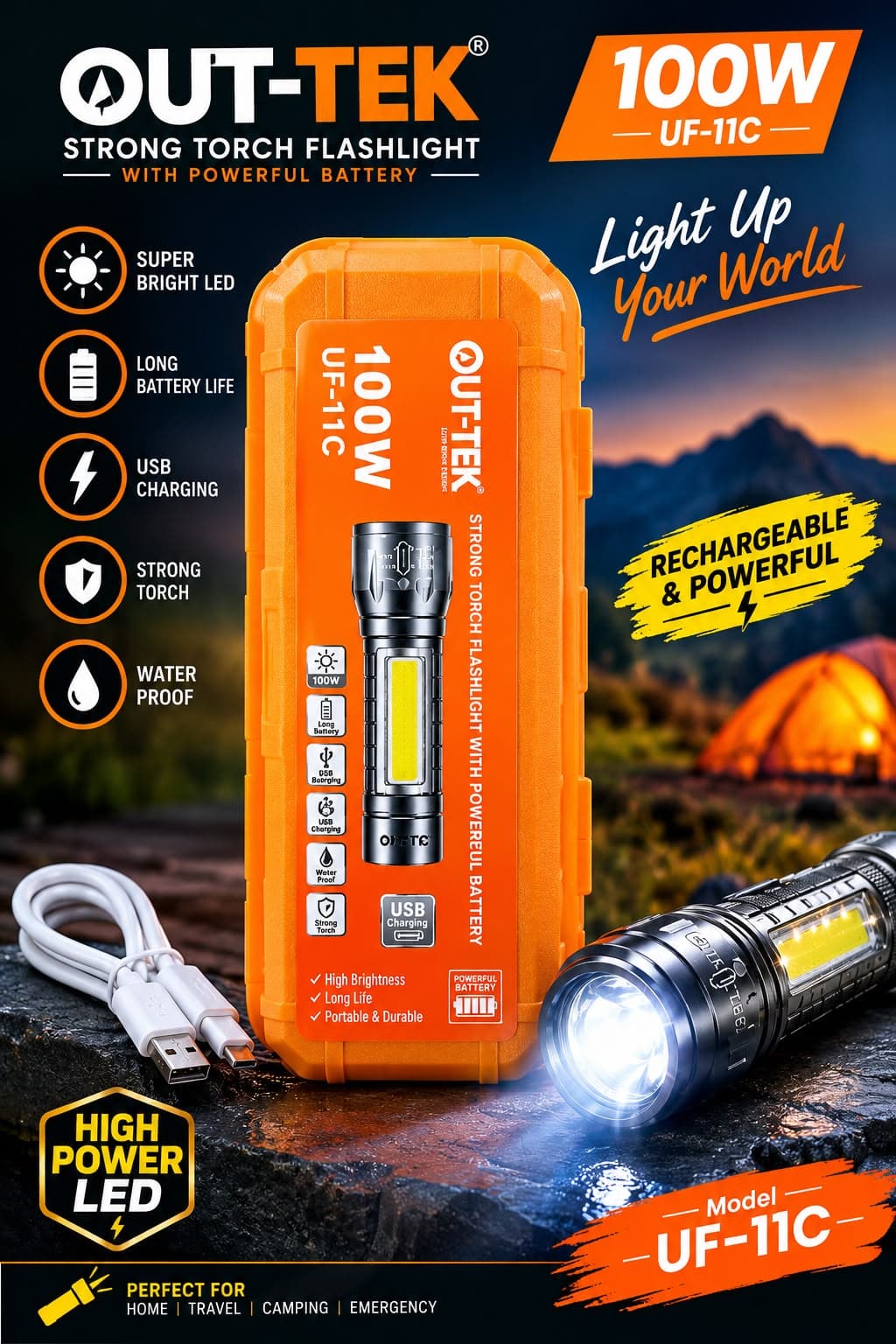 OUT-TEK UF-11C 100W Rechargeable Strong Torch Flashlight