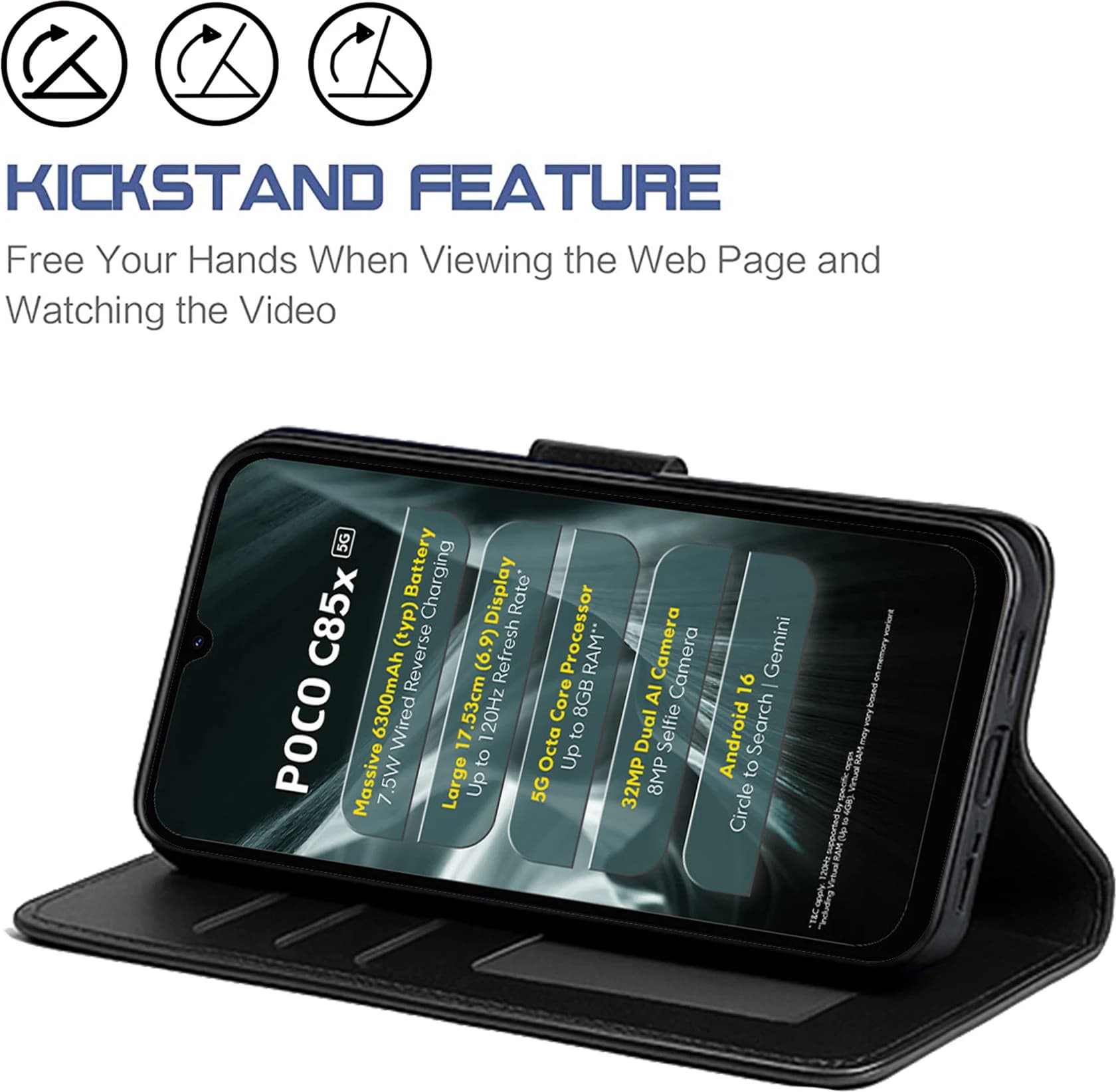 Premium PU Leather Flip Cover for Poco C85x 5G with Card Slots & Stand Feature