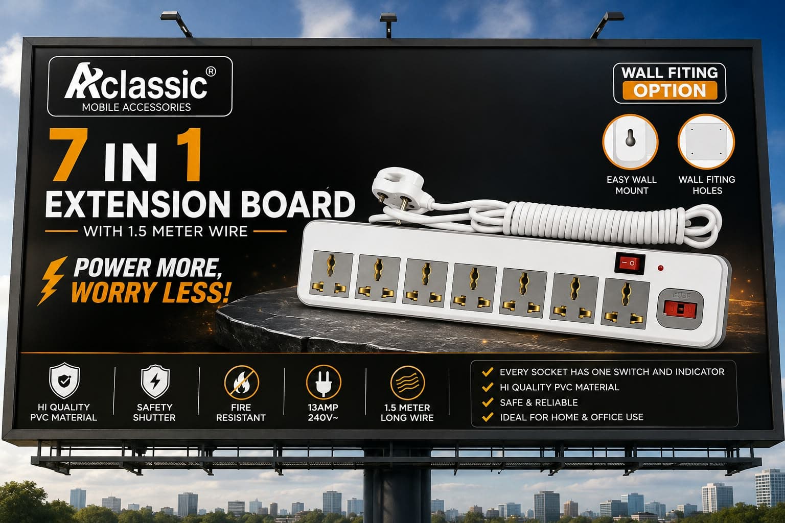 Aclassic 7-in-1 Extension Board With 1.5 Meter Wire