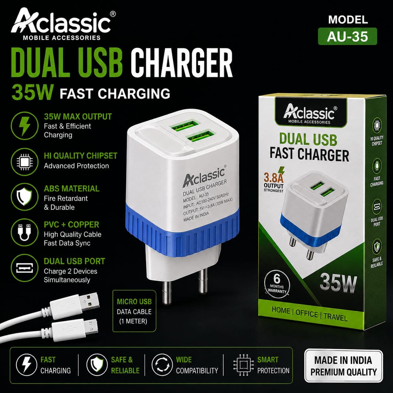 Aclassic AU-35 Dual USB 35W Fast Charger