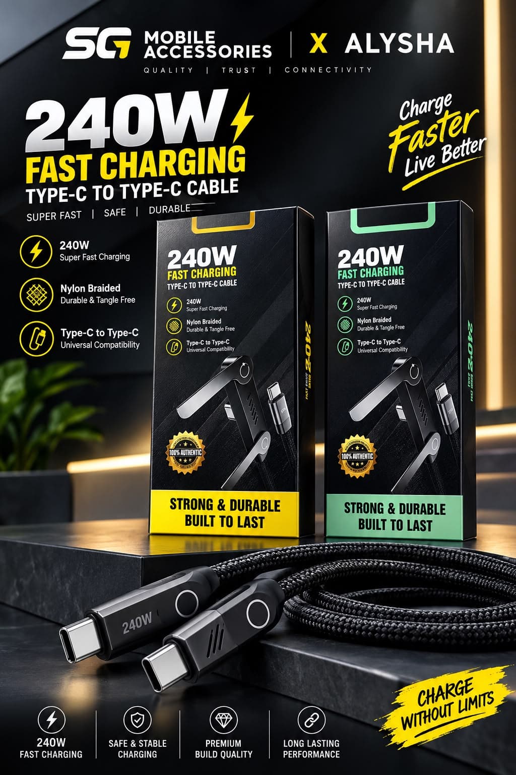 SG Mobile Accessories × Alysha 240W Type-C To Type-C Fast Charging Cable
