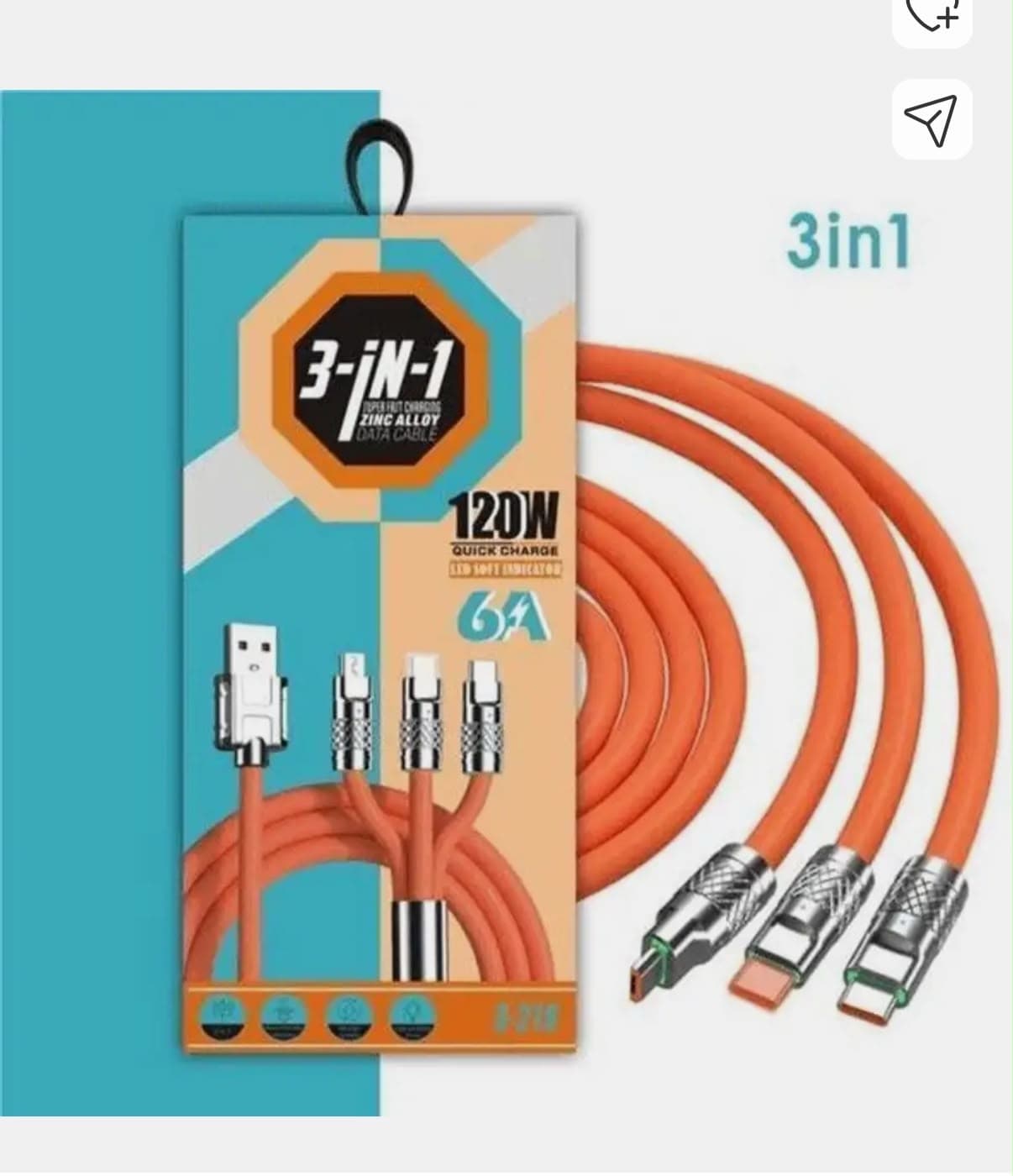 Generic 3-in-1 Zinc Alloy 120W 6A Fast Charging Data Cable