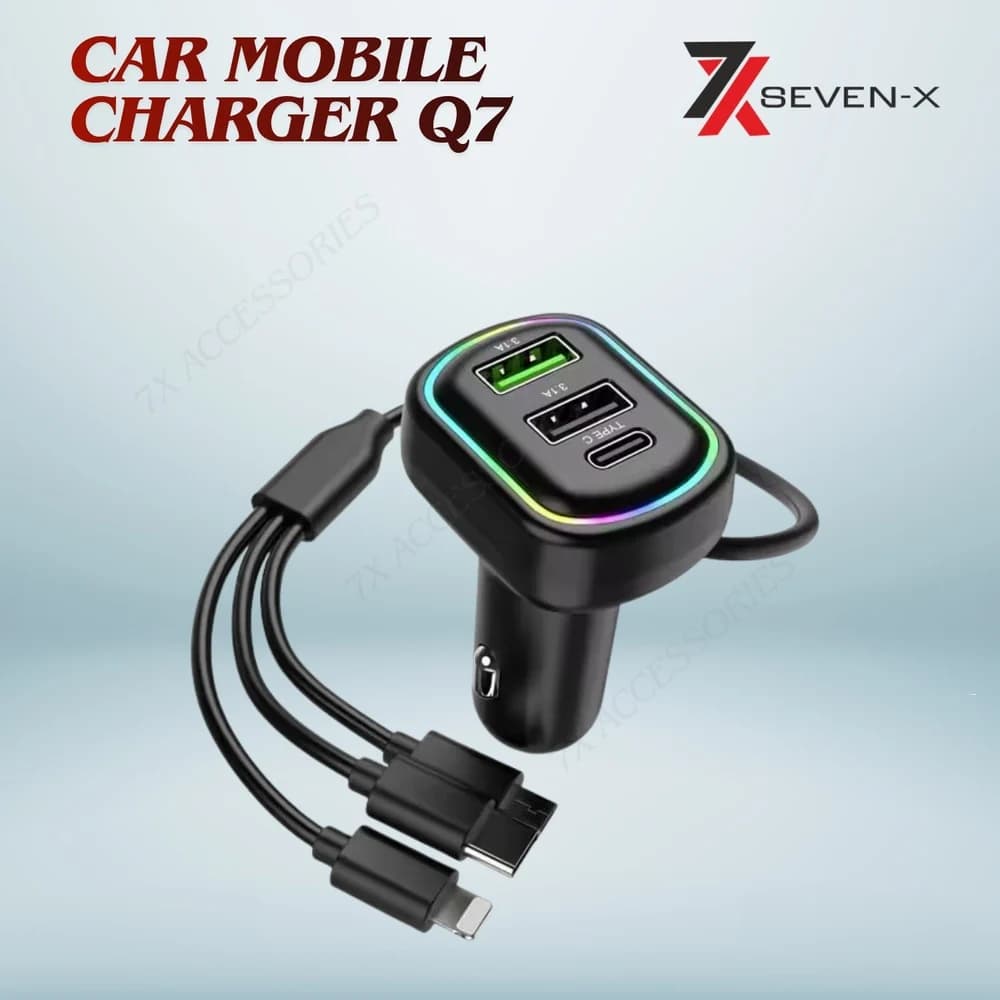 Car Mobile Charger Q7 – 3 Port Fast Charging Adapter