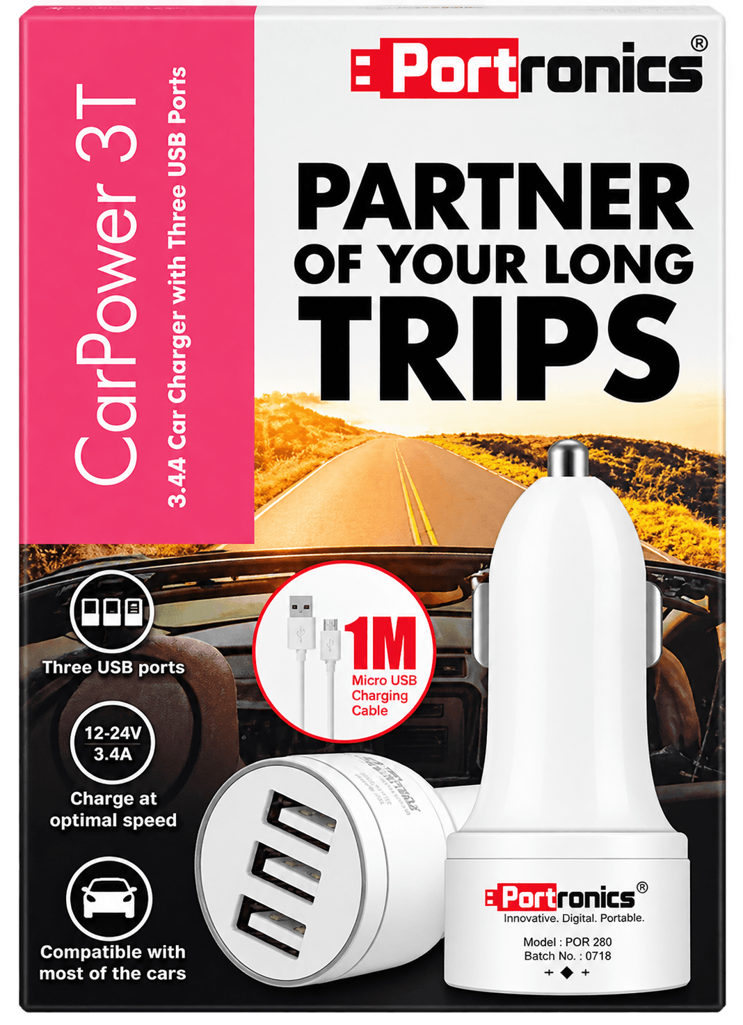 Portronics CarPower 3T 3.4A Car Charger (Model: POR 380)