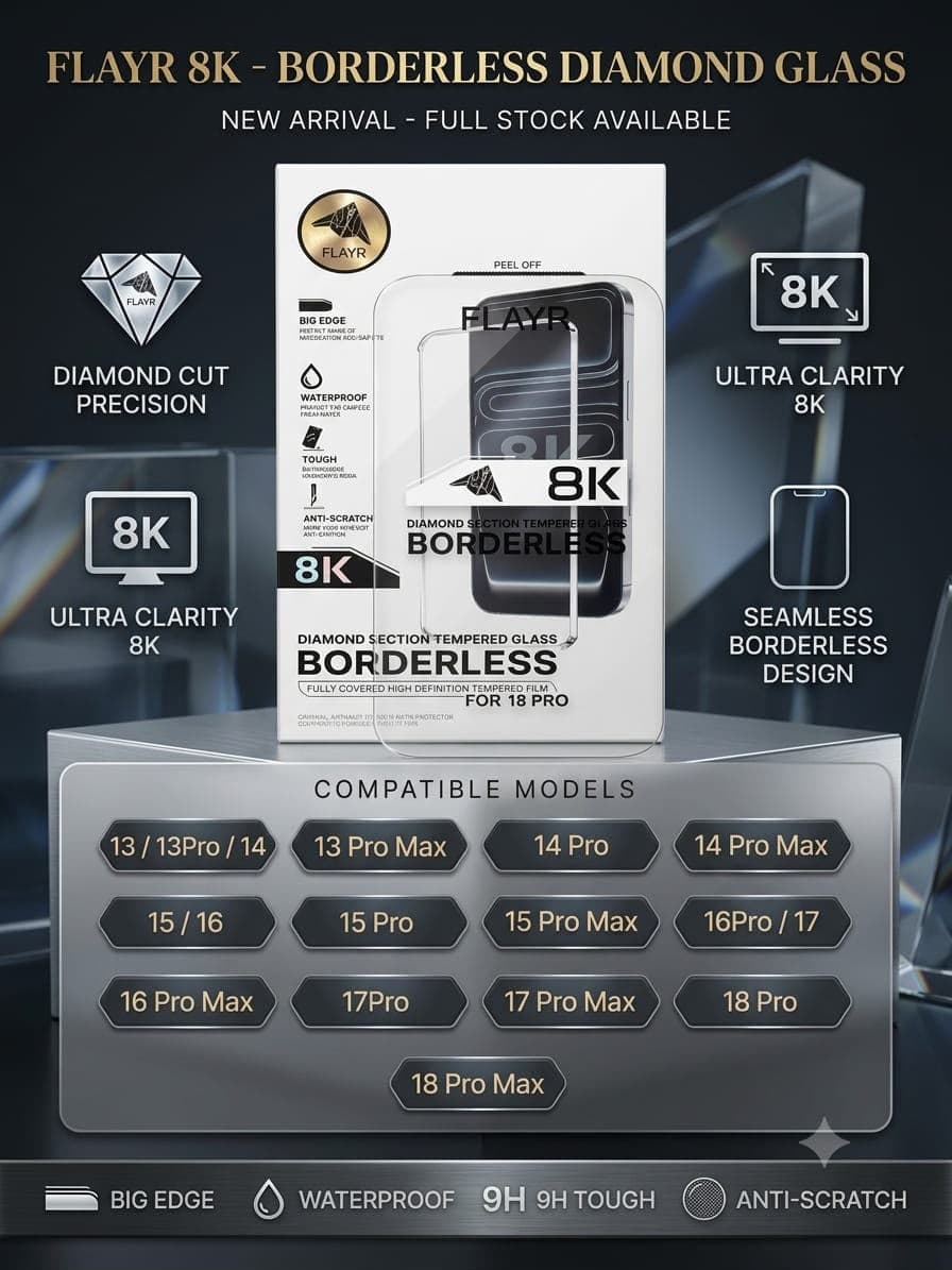 Flayr 8K Borderless Diamond Glass – Full Coverage Tempered Glass   Iphone Model Samsung S Series