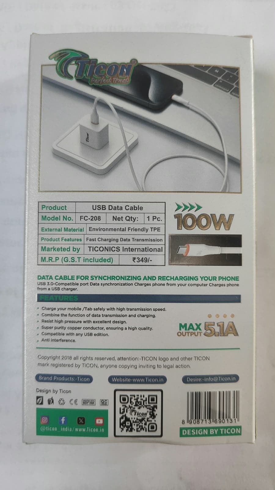 Ticon FC-208 100W Type-C Fast Charging Data Cable