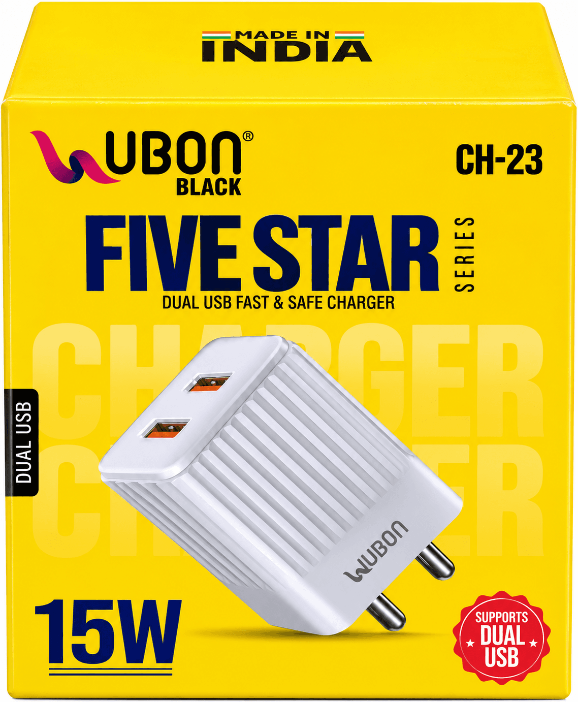 Ubon Black Five Star CH-23 Dual USB Fast & Safe Charger