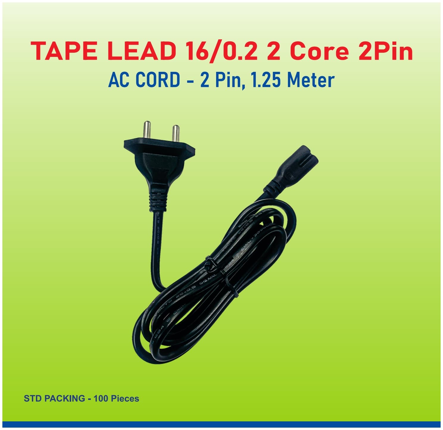 Tape Lead 16/0.2 2-Core 2-Pin AC Cord – 1.25 Meter