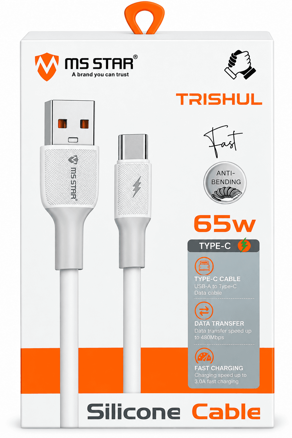 MS STAR Trishul 65W Type-C Fast Charging Silicone Cable