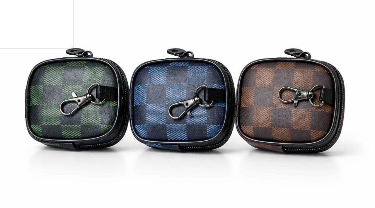 Premium PU Leather Button Pouch Earbuds Protective Case With Keychain Hook