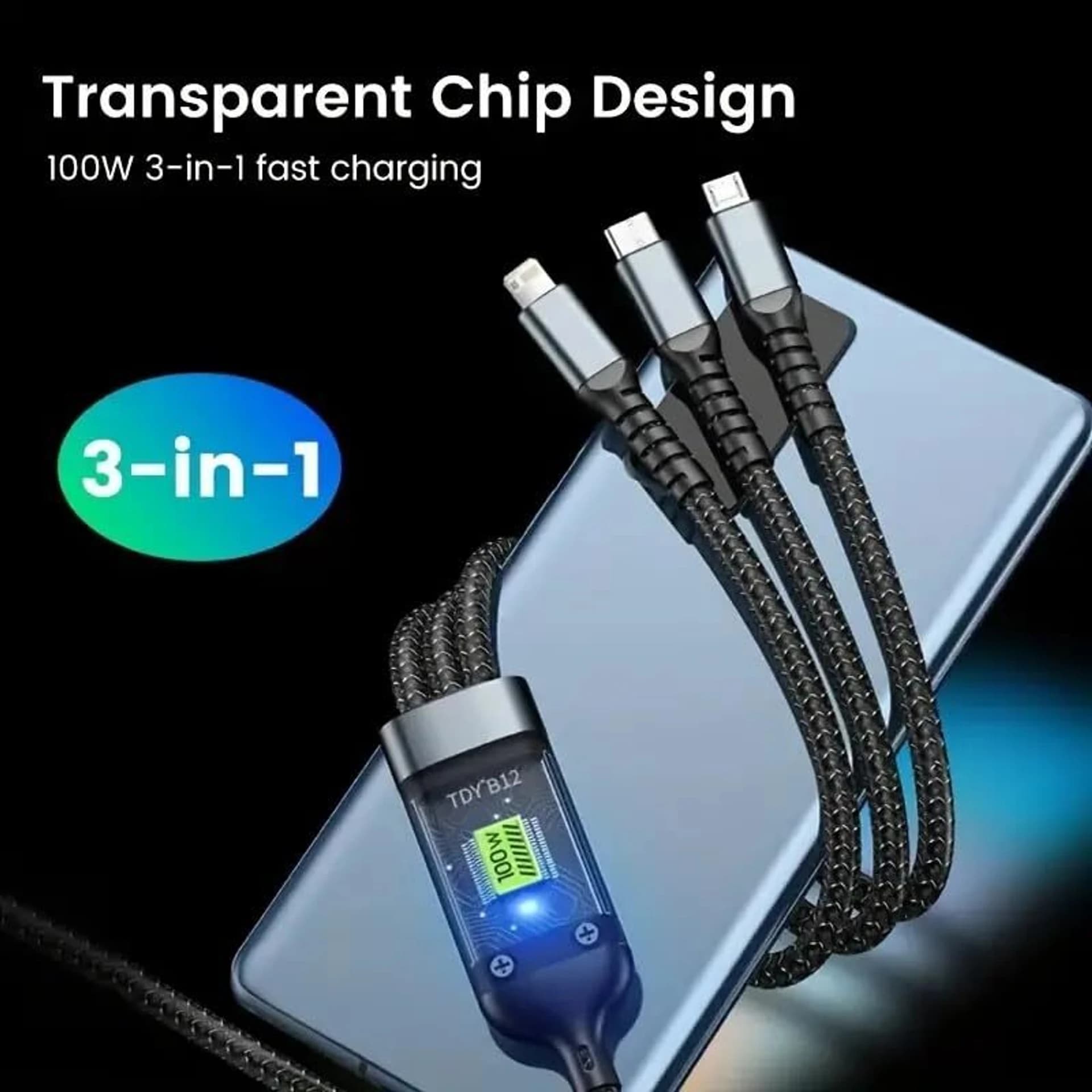 3 in 1 100W Fast Charging Data Cable Type C Micro USB Lightning image 2